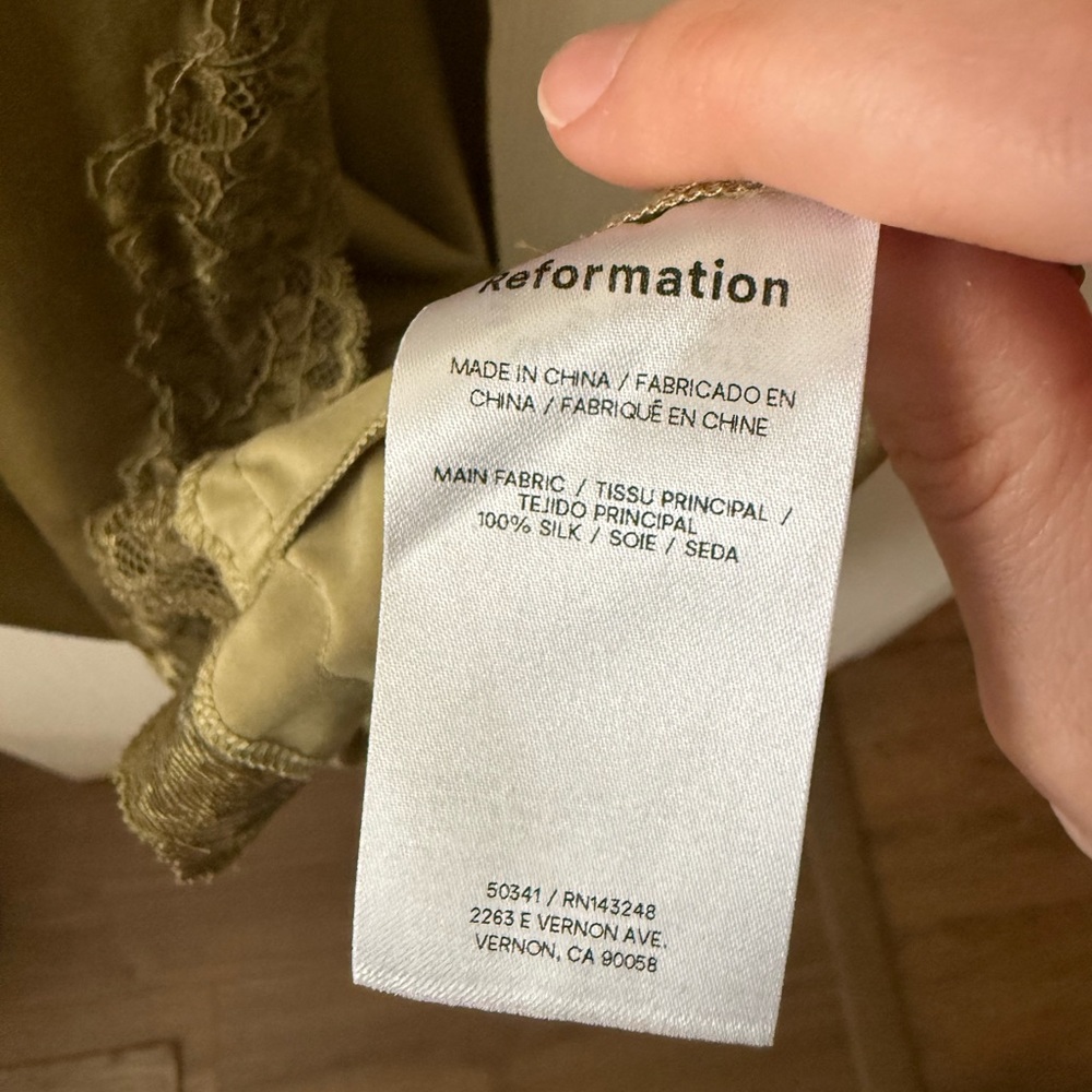 Reformation Karissa 100% Silk Midi Dress Olive Oil Green size 6 - Picture 9 of 16